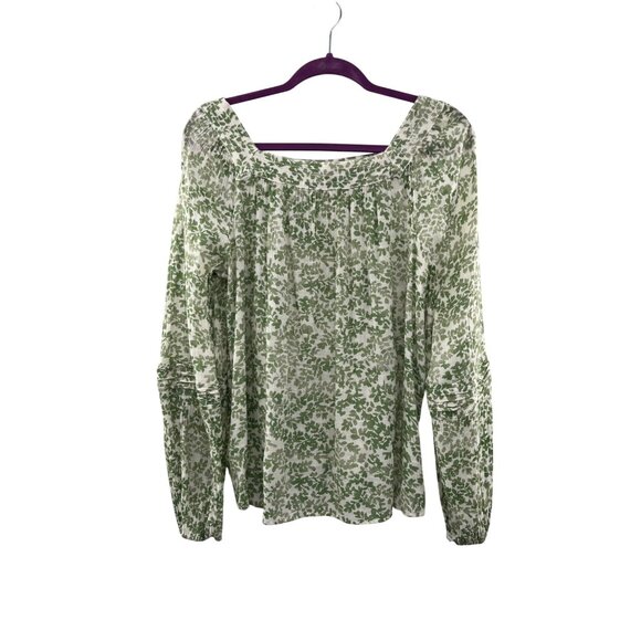 LC Lauren Conrad Blouse Womens L Lightweight Green & Cream Peasant Top - Picture 2 of 12